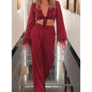 WAYF Paints Suit Set Wide Leg Tailored Trousers Satin Wrap Top Feather Trim Red